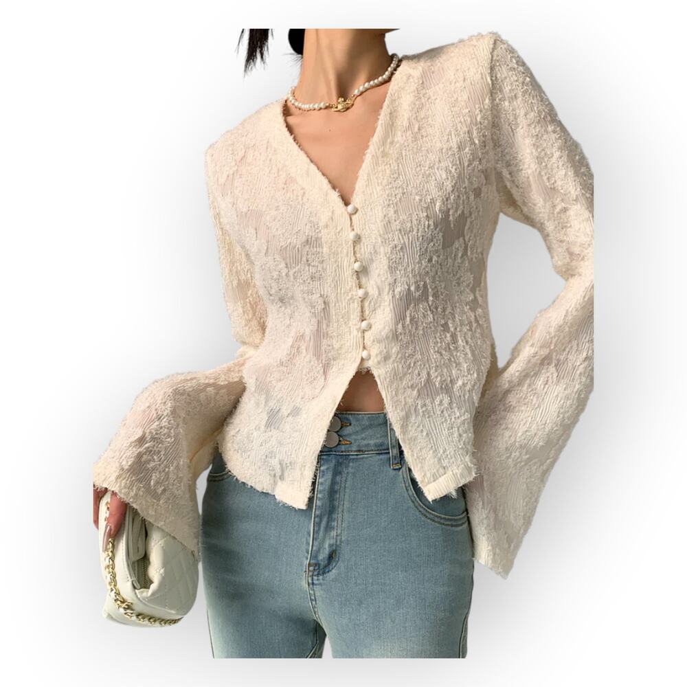 Commense Cream Textured Lacy Blouse Sz XS V Neck Long Sleeve Parisian Chic - Picture 3 of 9